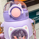 Soft Straw Drinking Cup Portable Plastic Sippy Cup Cartoon Pattern Water Bottle with Strap Purple - Side View