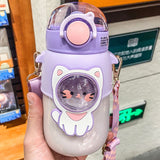 Soft Straw Drinking Cup Portable Plastic Sippy Cup Cartoon Pattern Water Bottle with Strap Purple - Top-Down View