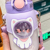 Soft Straw Drinking Cup Portable Plastic Sippy Cup Cartoon Pattern Water Bottle with Strap Purple