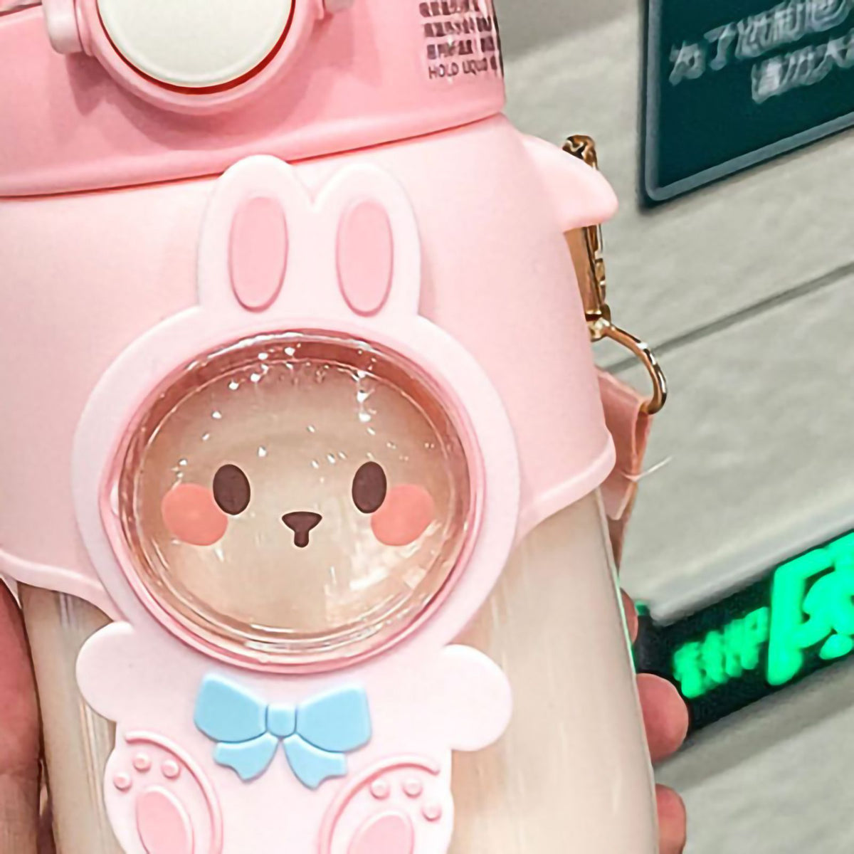Soft Straw Drinking Cup Portable Plastic Sippy Cup Cartoon Pattern Water Bottle with Strap Pink