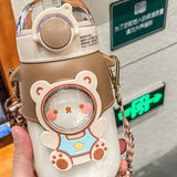 Soft Straw Drinking Cup Portable Plastic Sippy Cup Cartoon Pattern Water Bottle with Strap Brown - Top-Down View