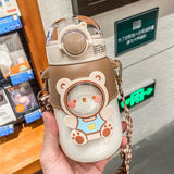 Soft Straw Drinking Cup Portable Plastic Sippy Cup Cartoon Pattern Water Bottle with Strap Brown
