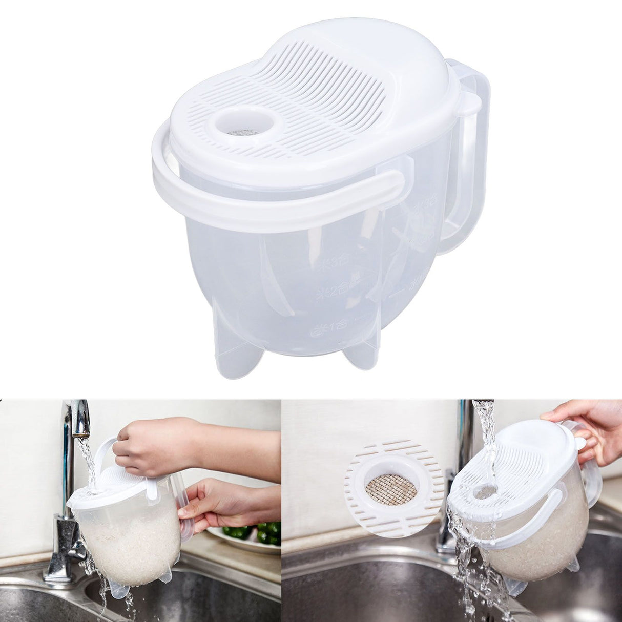 Rice Washing Bowl Water Flush Type ABS Clear Scale Fine Strainer Auxiliary Handle Rice Cleaning Basket for Kitchen