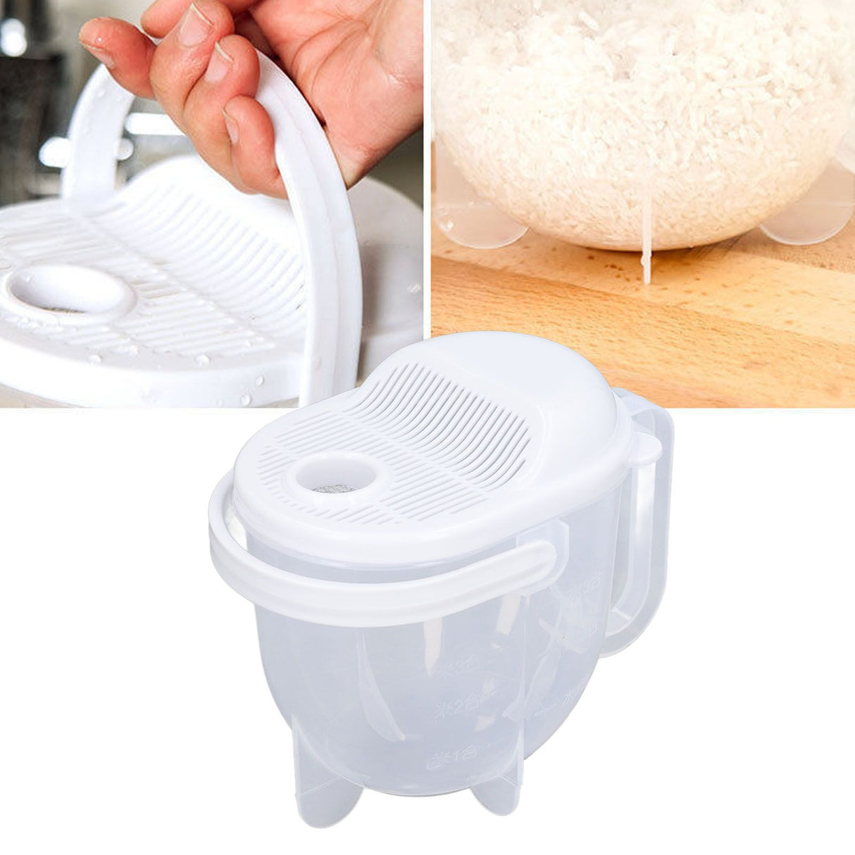 Rice Washing Bowl Water Flush Type ABS Clear Scale Fine Strainer Auxiliary Handle Rice Cleaning Basket for Kitchen