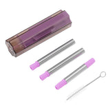 Collapsible Straw Stainless Steel Portable Easy to Clean Foldable Straw with Cleaning Brush for Home Office Outdoor Purple