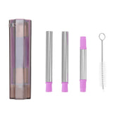 Collapsible Straw Stainless Steel Portable Easy to Clean Foldable Straw with Cleaning Brush for Home Office Outdoor Purple