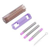Collapsible Straw Stainless Steel Portable Easy to Clean Foldable Straw with Cleaning Brush for Home Office Outdoor Purple