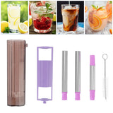 Collapsible Straw Stainless Steel Portable Easy to Clean Foldable Straw with Cleaning Brush for Home Office Outdoor Purple - Extra Image