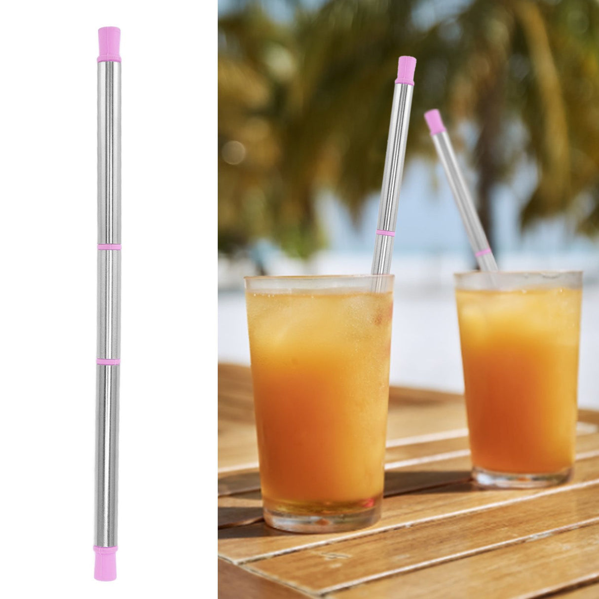 Collapsible Straw Stainless Steel Portable Easy to Clean Foldable Straw with Cleaning Brush for Home Office Outdoor Purple