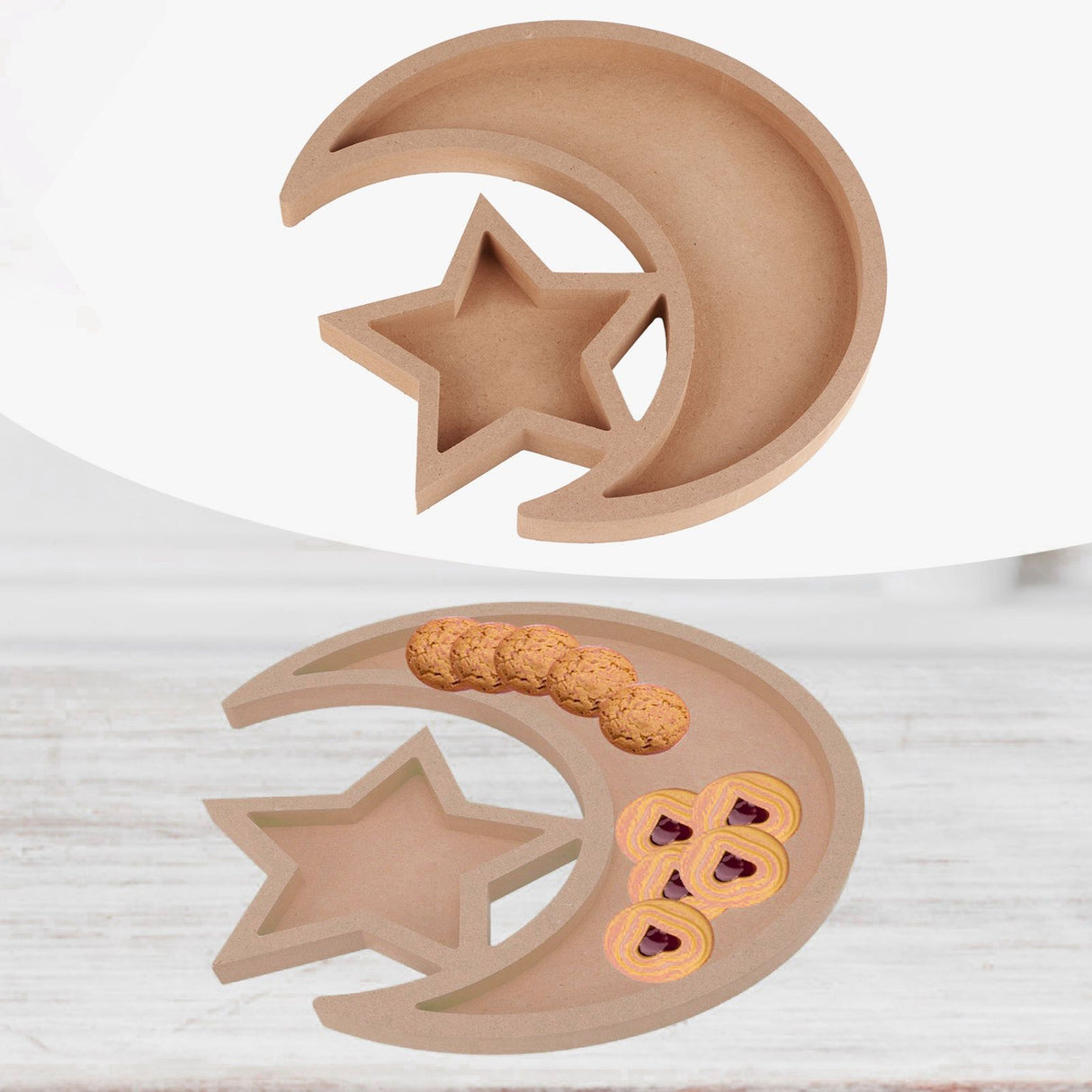 Eid Wooden Dessert Tray Cute Shape Multifunctional Ramadan Wood Moon Tray for Home Ramadan Party Garden Decor