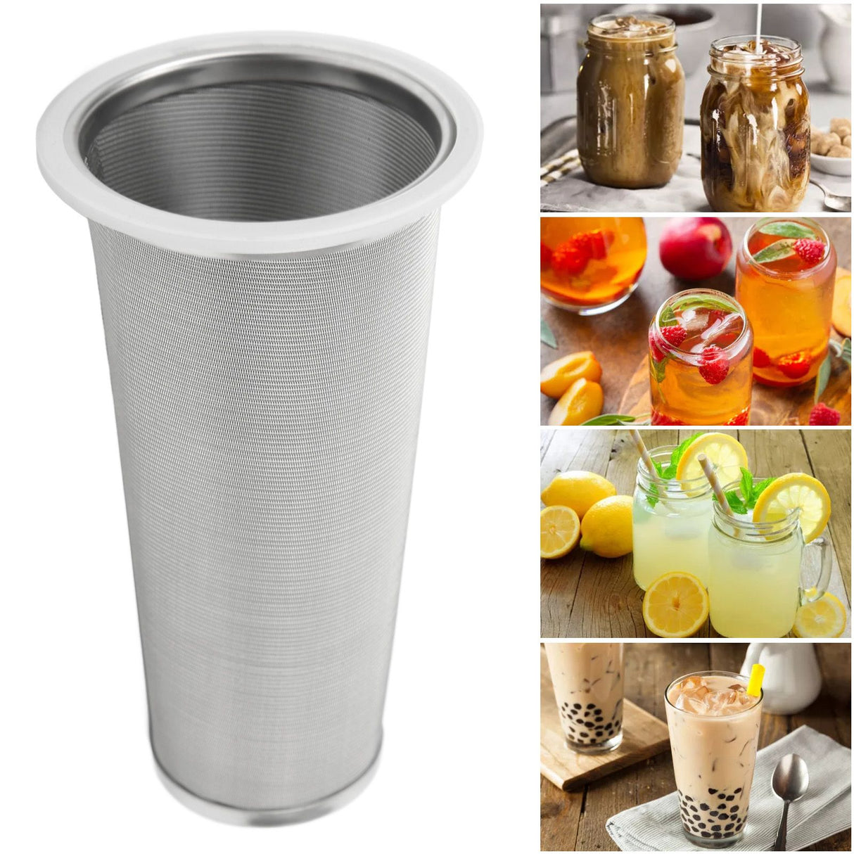 304 Stainless Steel Cold Brew Coffee Filter Cone Mesh with White Rubber Circle Coffee Brew Infuser for Fruit Drink 8x15cm/3.1x5.9in