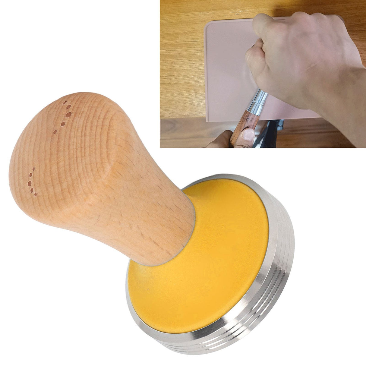 Wooden Coffee Tamper Food Grade Rustproof Easy To Clean Heavy Duty Coffee Tamper with Ergonomic Handle for Baristas Yellow 51mm/2.0in