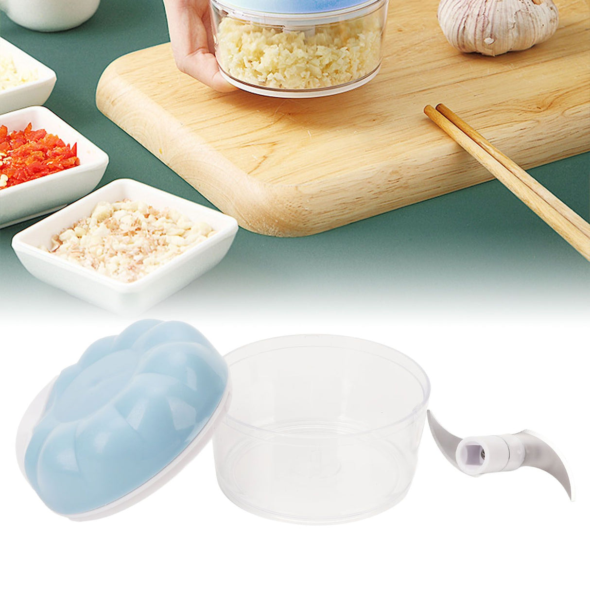 Garlic Chopper Manual Mini Safe Multipurpose Transparent Garlic Mincer with Drawstring for Kitchen Blue