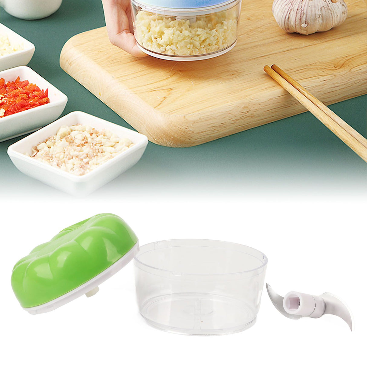 Garlic Chopper Manual Mini Safe Multipurpose Transparent Garlic Mincer with Drawstring for Kitchen Green