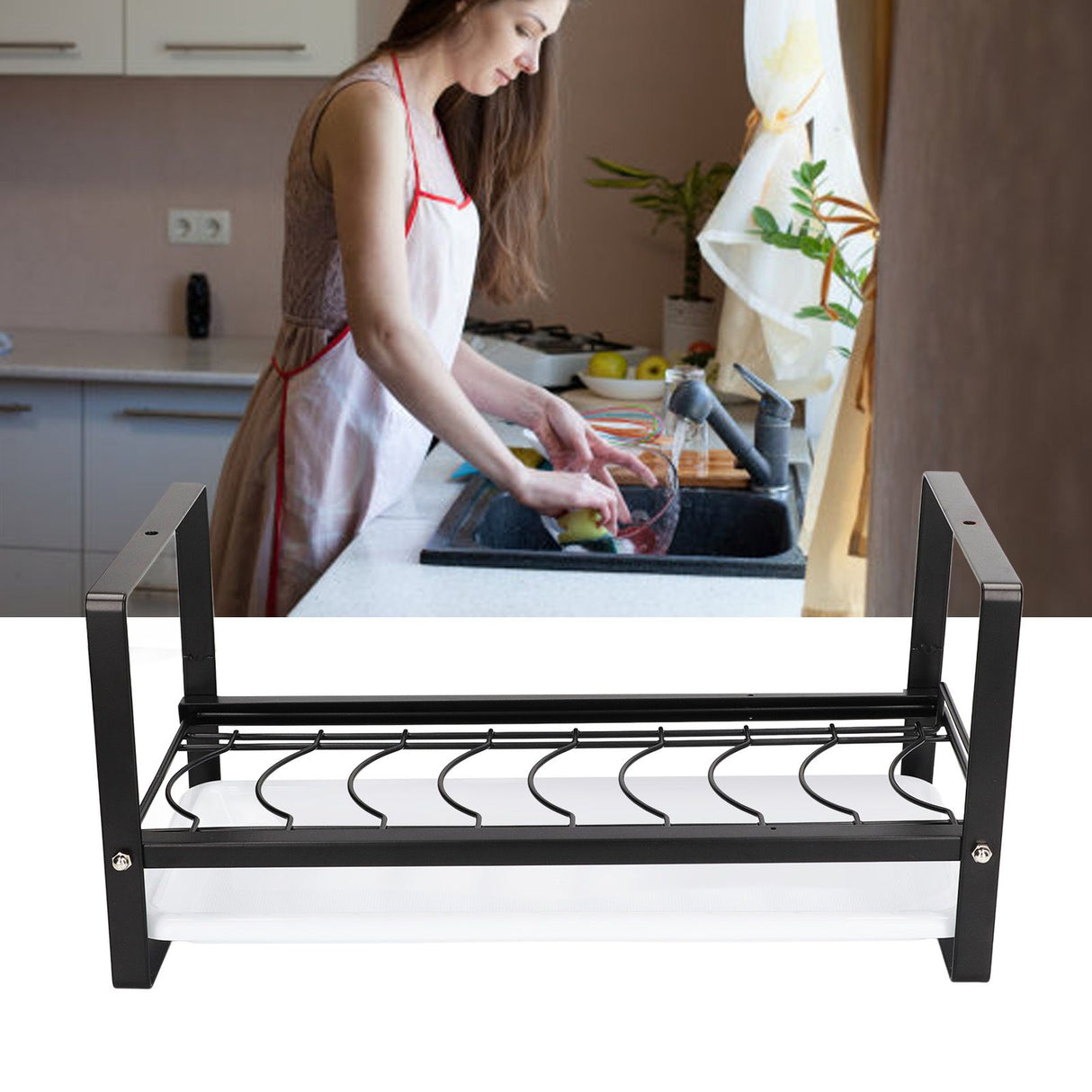 Kitchen Cabinet Storage Shelf Rack Bowls Dishes Plates Drainboard Holder Rustproof Nonslip for Counter Cupboard Pantry Black