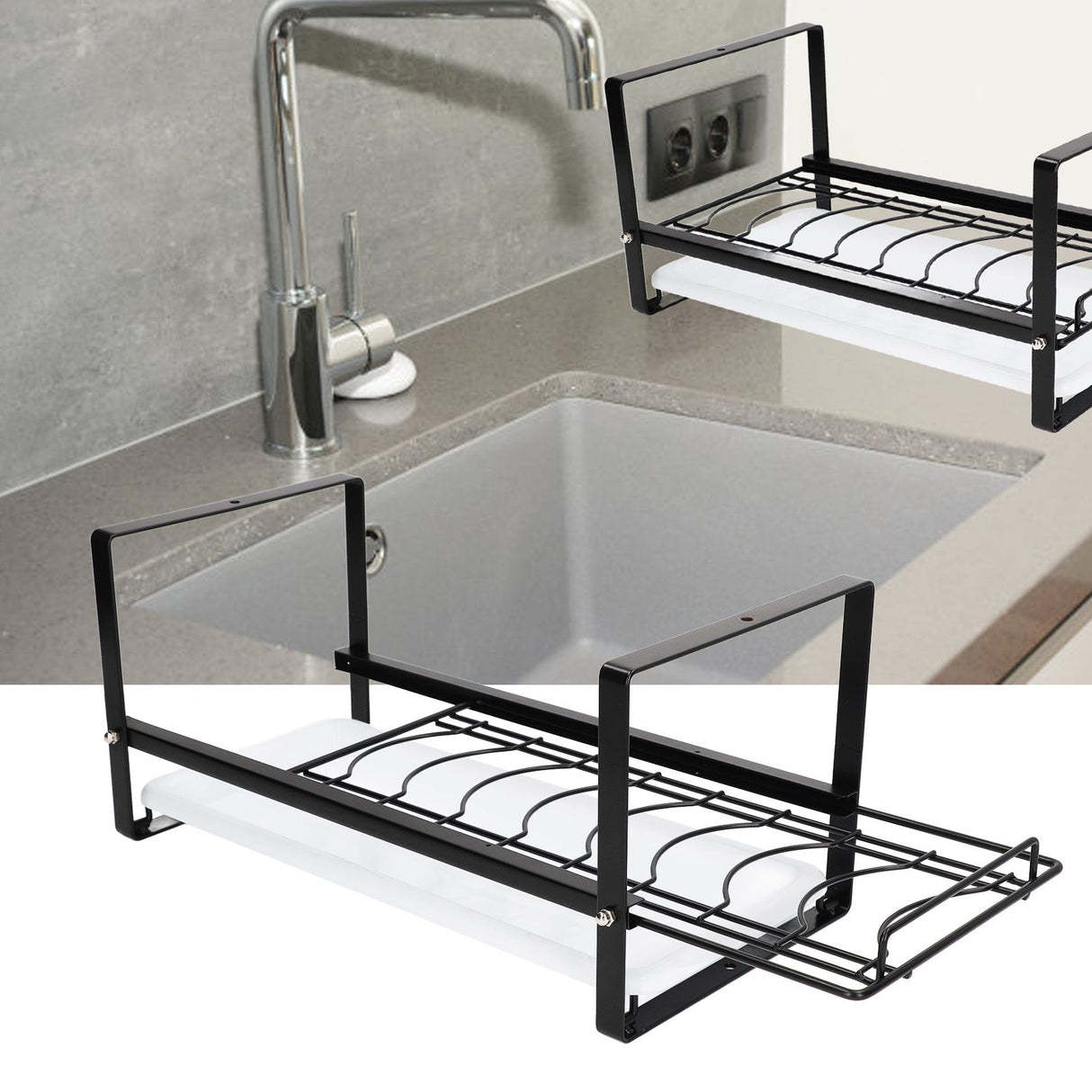 Kitchen Cabinet Storage Shelf Rack Bowls Dishes Plates Drainboard Holder Rustproof Nonslip for Counter Cupboard Pantry Black