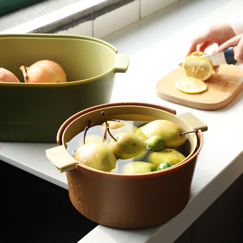 Drain Colander Double Layer Detachable Increased Deepened Capacity Plastic Colander Strainer Set for Kitchen Brown Small
