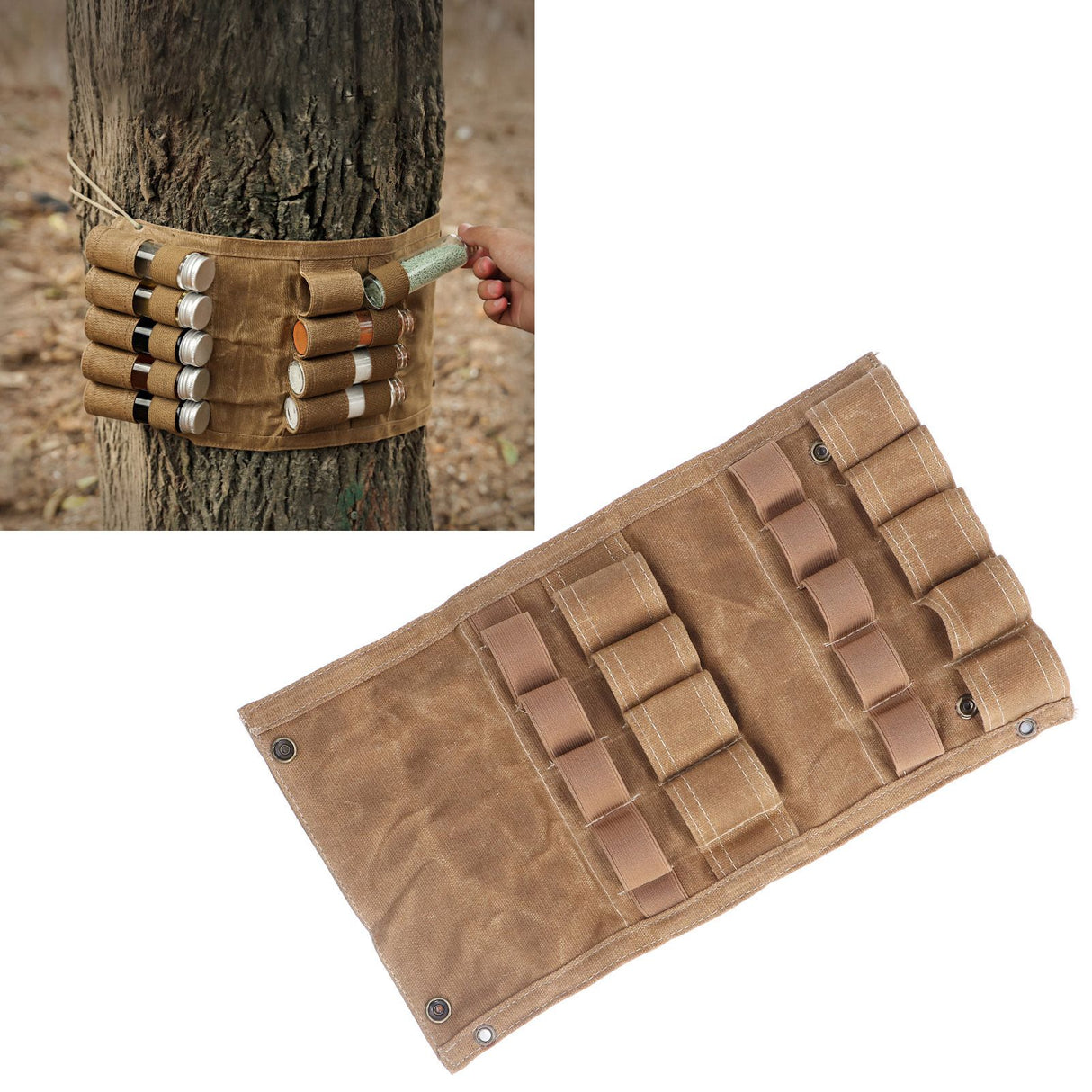 Spice Bottle Bag Foldable Portable Canvas Outdoor Seasoning Jar Holder for Camping Barbecue Picnic Khaki