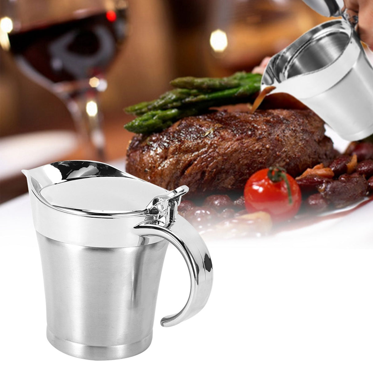 750ML Gravy Boat 304 Stainless Steel Sauce Jug Double Walled Steak Sauce Pot with Lid