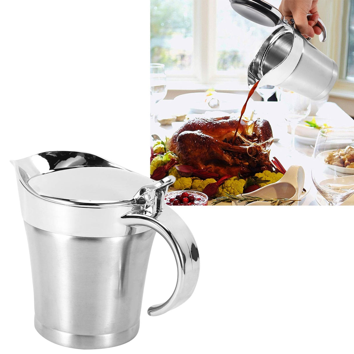750ML Gravy Boat 304 Stainless Steel Sauce Jug Double Walled Steak Sauce Pot with Lid