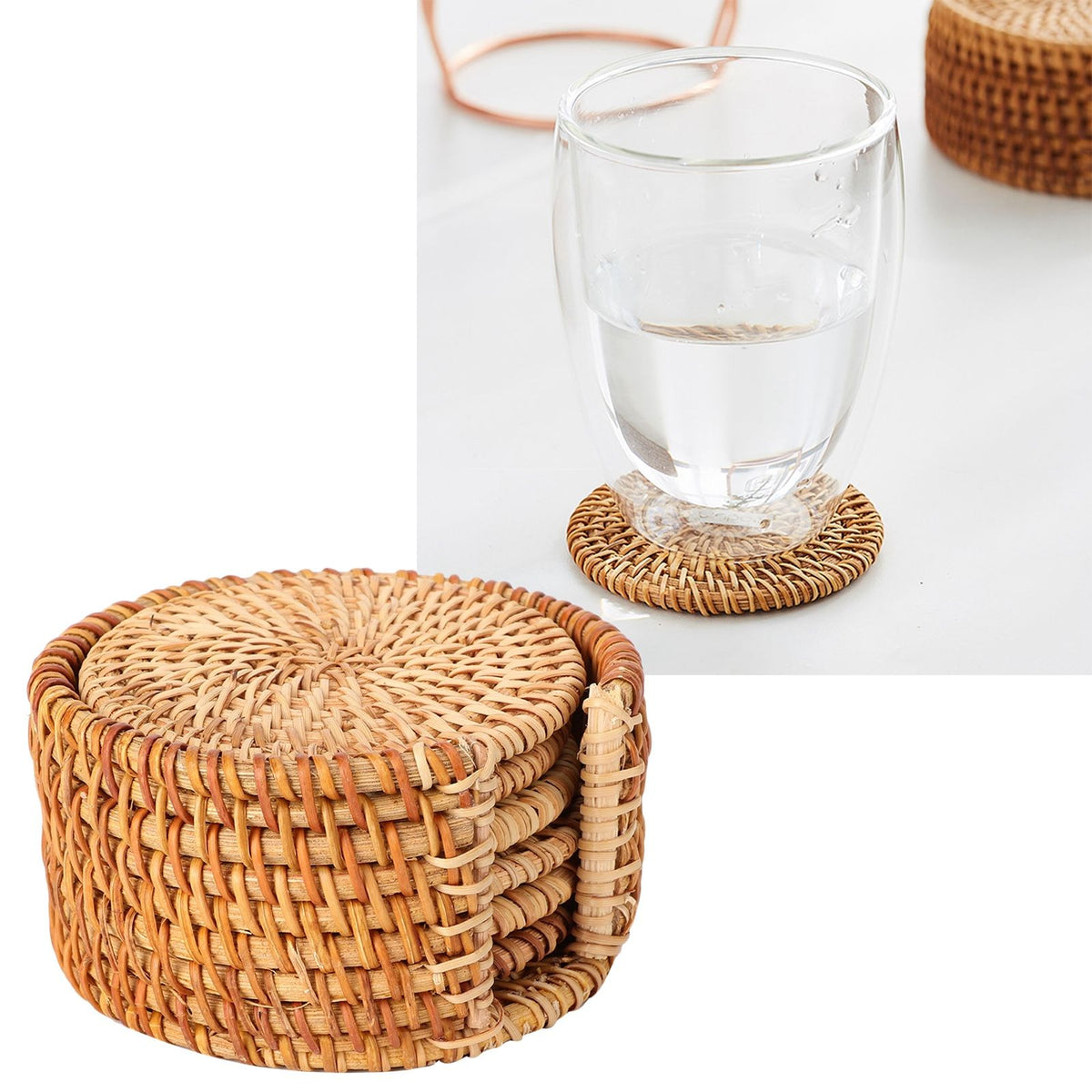 6 PCS Rattan Coasters Hand Made Teacup Coasters Set Insulated Rattan Cup Placemat Teacup Accessories 13cm / 5.1in