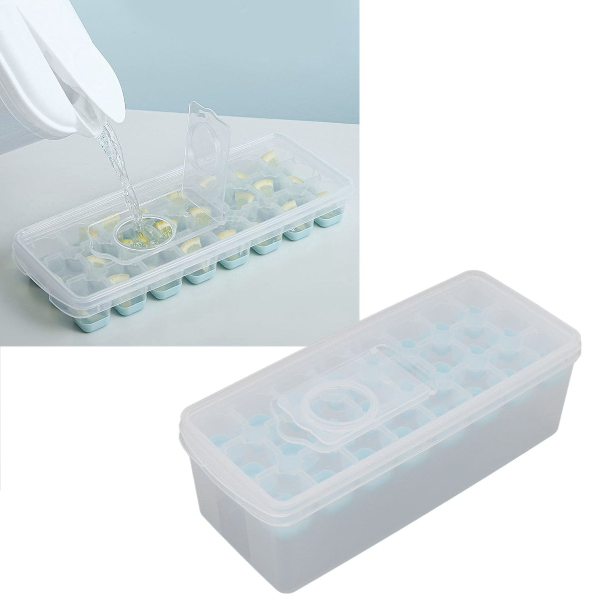 Ice Cube Tray Safe Healthy Easy Release Stackable 24 Cubes Multipurpose Ice Maker Mold with Lid for Popsicles Puddings Blue