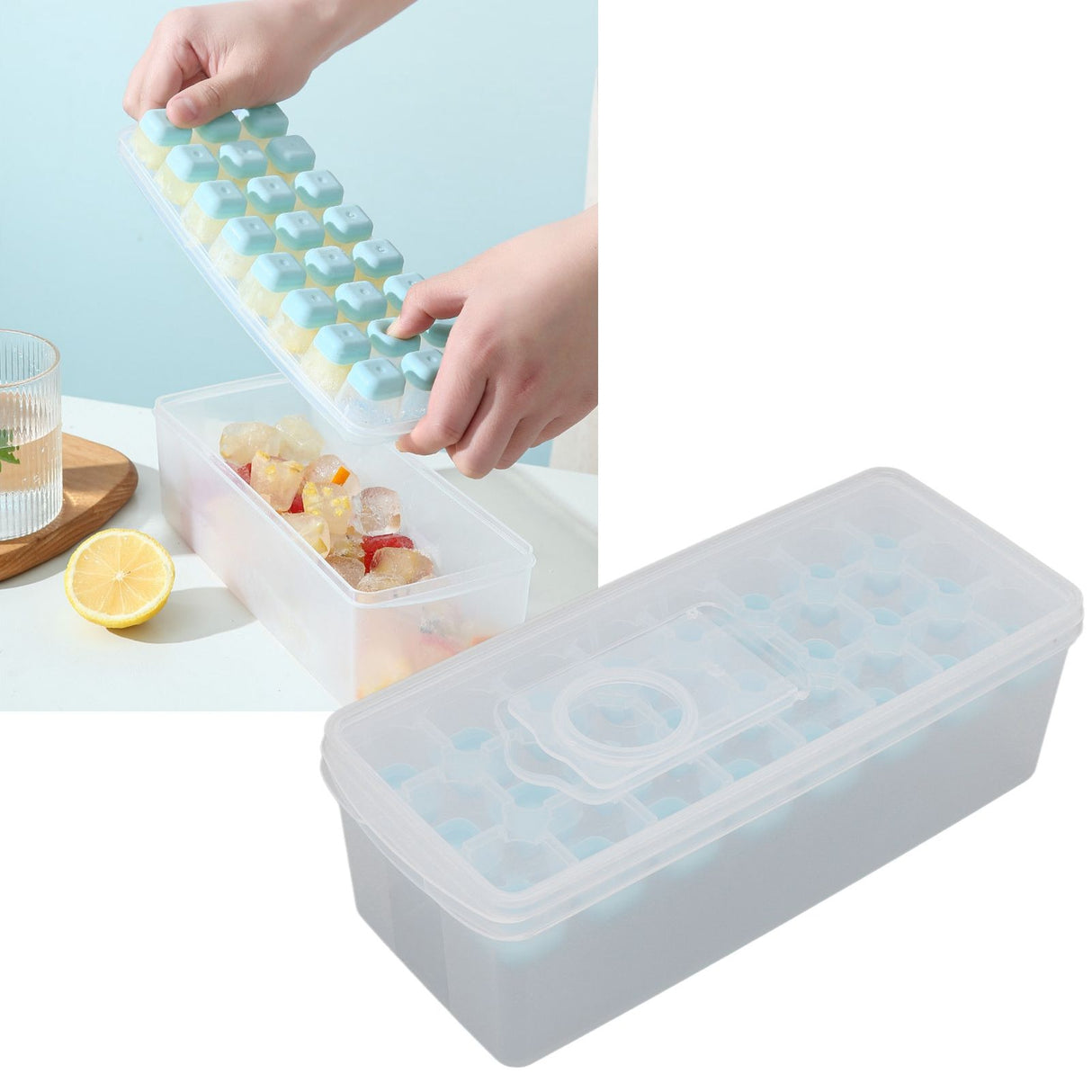 Ice Cube Tray Safe Healthy Easy Release Stackable 24 Cubes Multipurpose Ice Maker Mold with Lid for Popsicles Puddings Blue