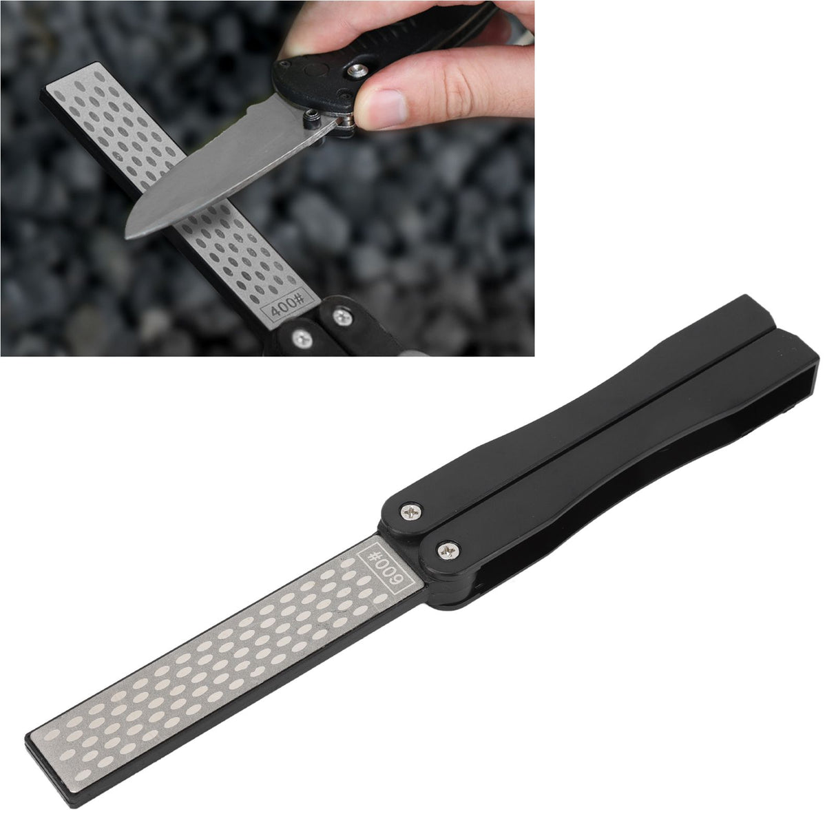 Double Sided Sharpener Portable Emery Fan Shaped Folded Pocket Sharpener for Outdoor Garden Black