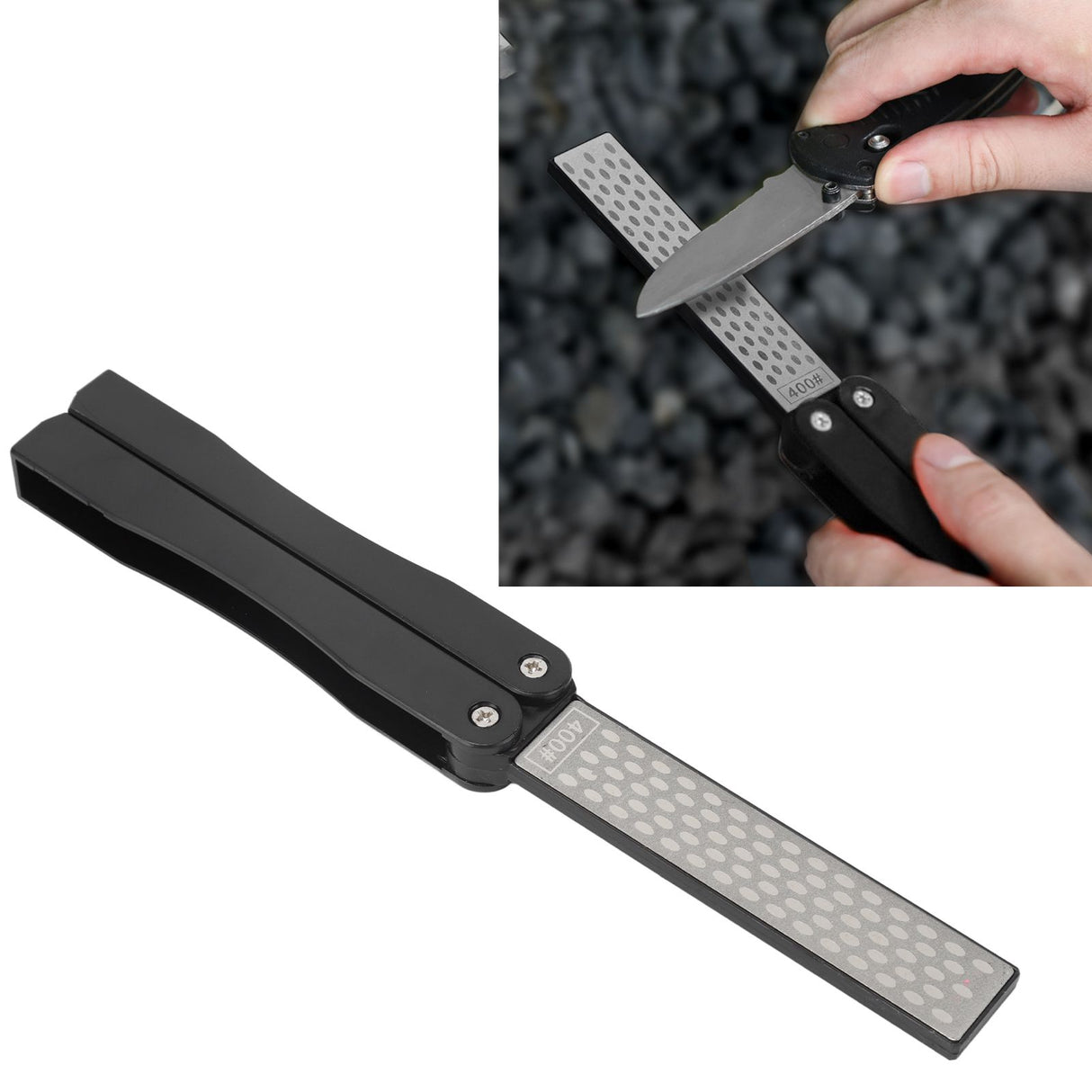 Double Sided Sharpener Portable Emery Fan Shaped Folded Pocket Sharpener for Outdoor Garden Black