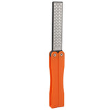 Double Sided Sharpener Portable Emery Fan Shaped Folded Pocket Sharpener for Outdoor Garden Orange - Close-Up Angle