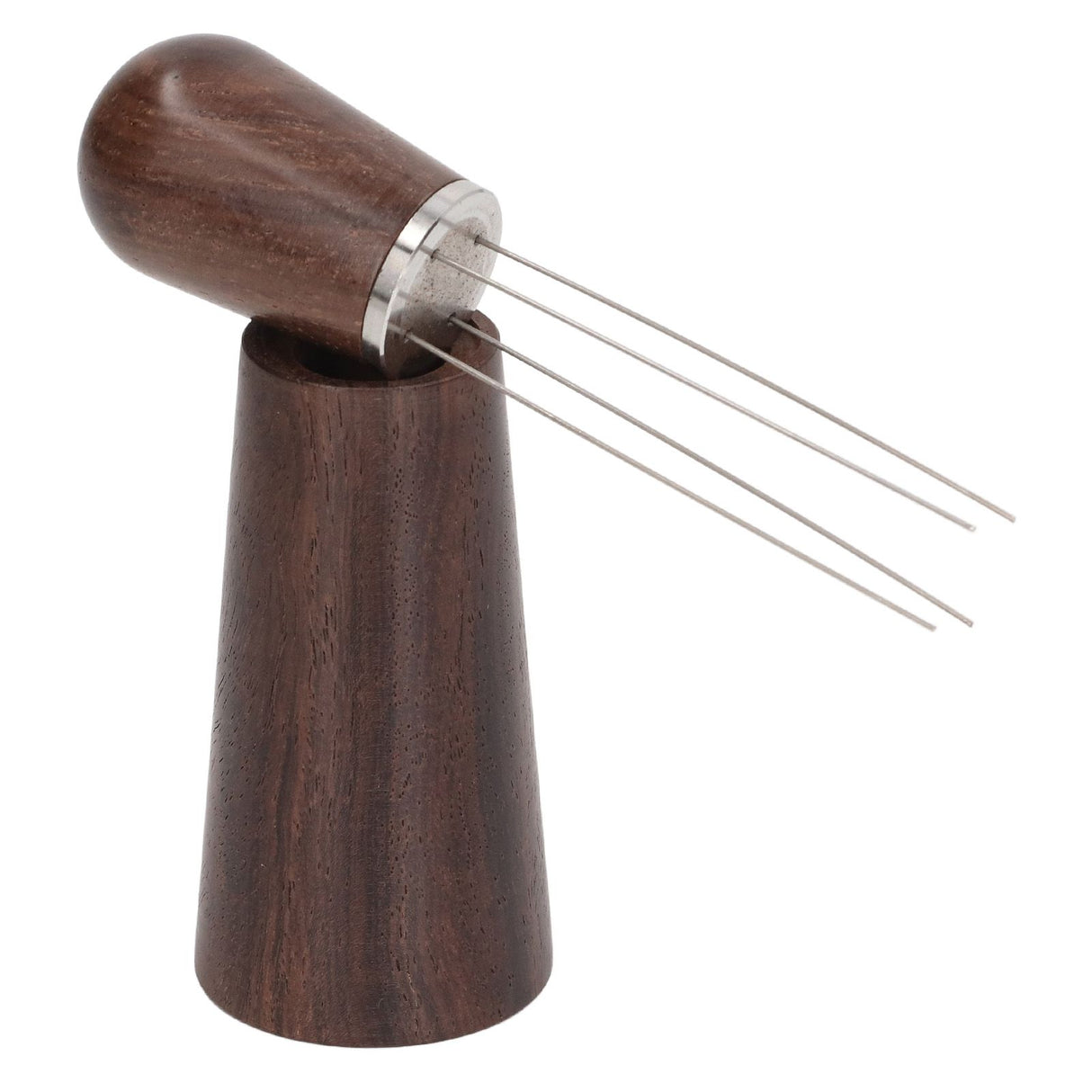 Coffee Stirring Tool 4 Arc Pins Wooden Handle Coffee Needle Type Distributor Tool with Base for Home Dark Brown