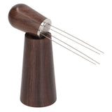 Coffee Stirring Tool 4 Arc Pins Wooden Handle Coffee Needle Type Distributor Tool with Base for Home Dark Brown - Side View