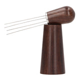 Coffee Stirring Tool 4 Arc Pins Wooden Handle Coffee Needle Type Distributor Tool with Base for Home Dark Brown - Top-Down View