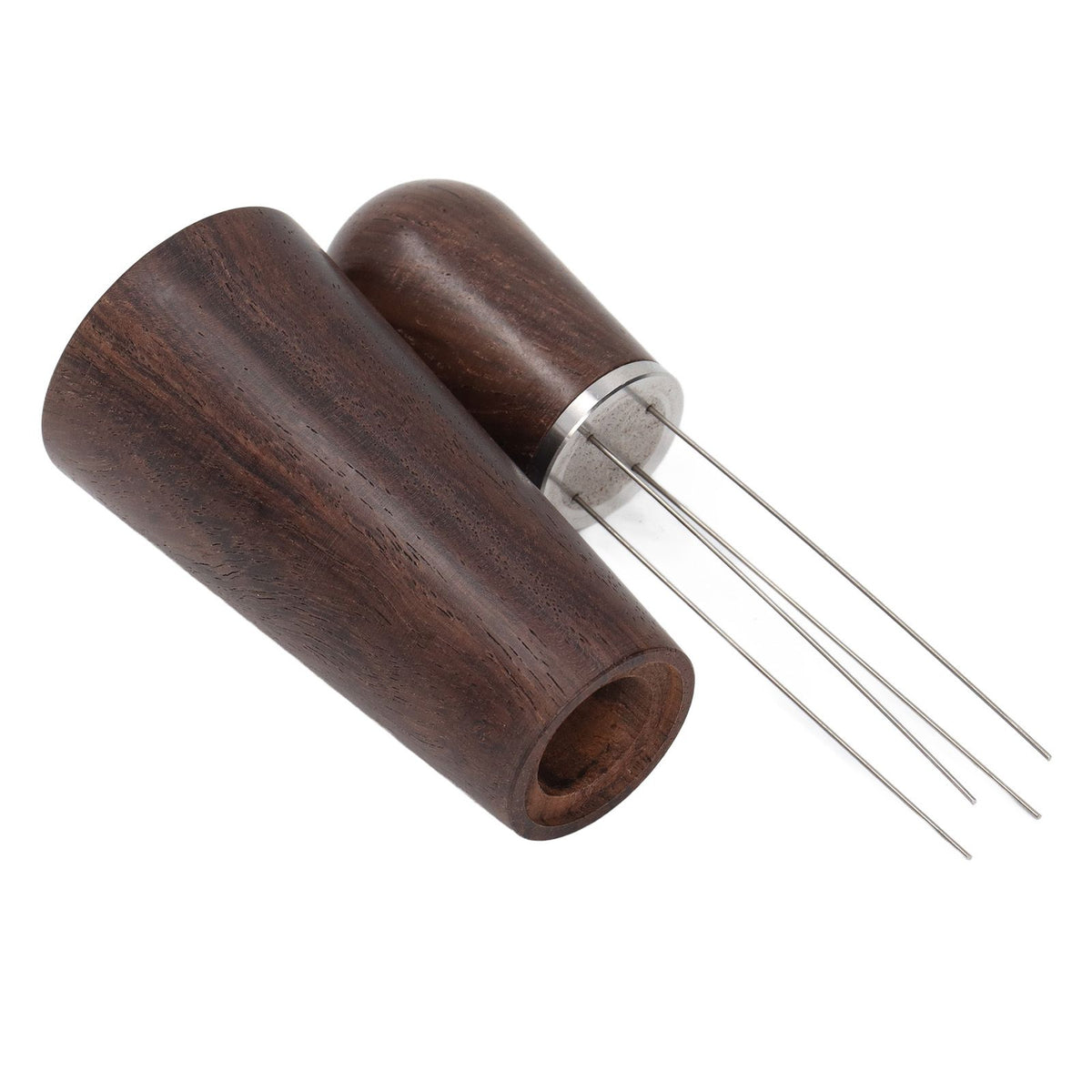 Coffee Stirring Tool 4 Arc Pins Wooden Handle Coffee Needle Type Distributor Tool with Base for Home Dark Brown