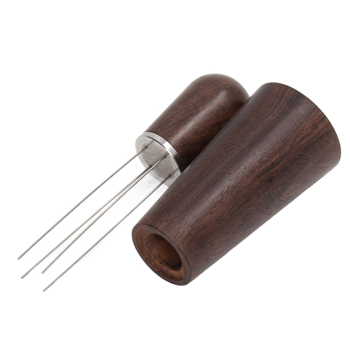 Coffee Stirring Tool 4 Arc Pins Wooden Handle Coffee Needle Type Distributor Tool with Base for Home Dark Brown