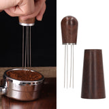 Coffee Stirring Tool 4 Arc Pins Wooden Handle Coffee Needle Type Distributor Tool with Base for Home Dark Brown - Extra Image