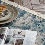 Jute Table Runner Jacquard Sunflower Pattern American Style with Tassels Table Runner Decoration for Party Blue Chrysanthemum 30x120cm/11.8x47.2in - Side View