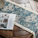 Jute Table Runner Jacquard Sunflower Pattern American Style with Tassels Table Runner Decoration for Party Blue Chrysanthemum 30x120cm/11.8x47.2in