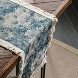 Jute Table Runner Jacquard Sunflower Pattern American Style with Tassels Table Runner Decoration for Party Blue Chrysanthemum 30x120cm/11.8x47.2in