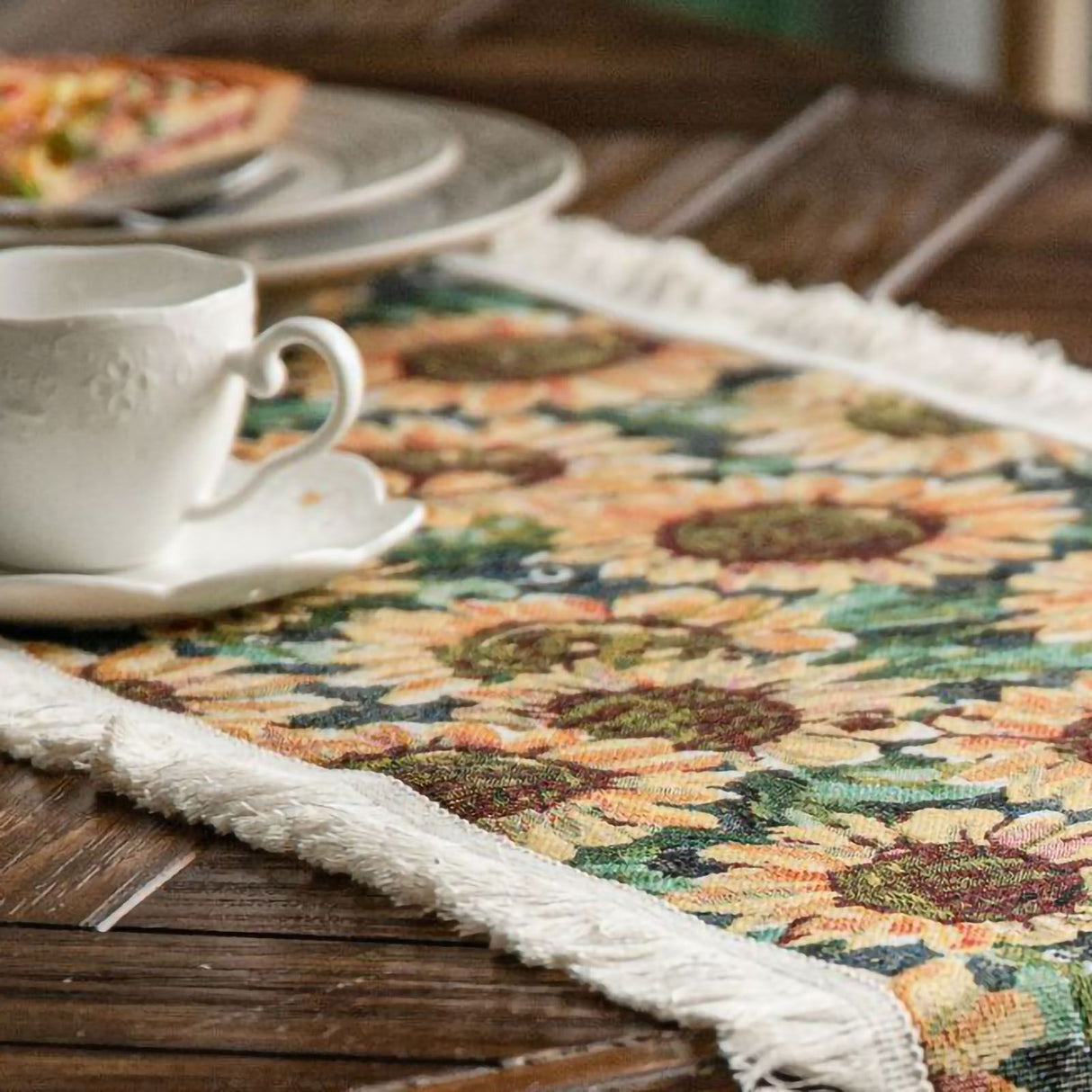 Jute Table Runner Jacquard Sunflower Pattern American Style with Tassels Table Runner Decoration for Party Yellow Sunflower 30x120cm/11.8x47.2in