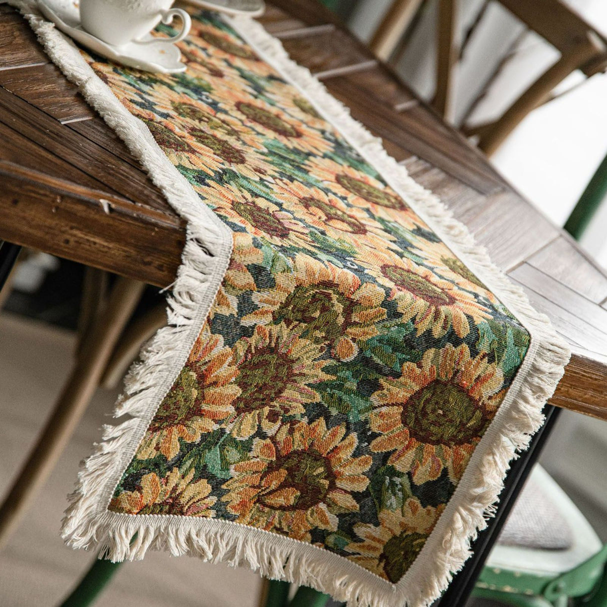 Jute Table Runner Jacquard Sunflower Pattern American Style with Tassels Table Runner Decoration for Party Yellow Sunflower 30x120cm/11.8x47.2in