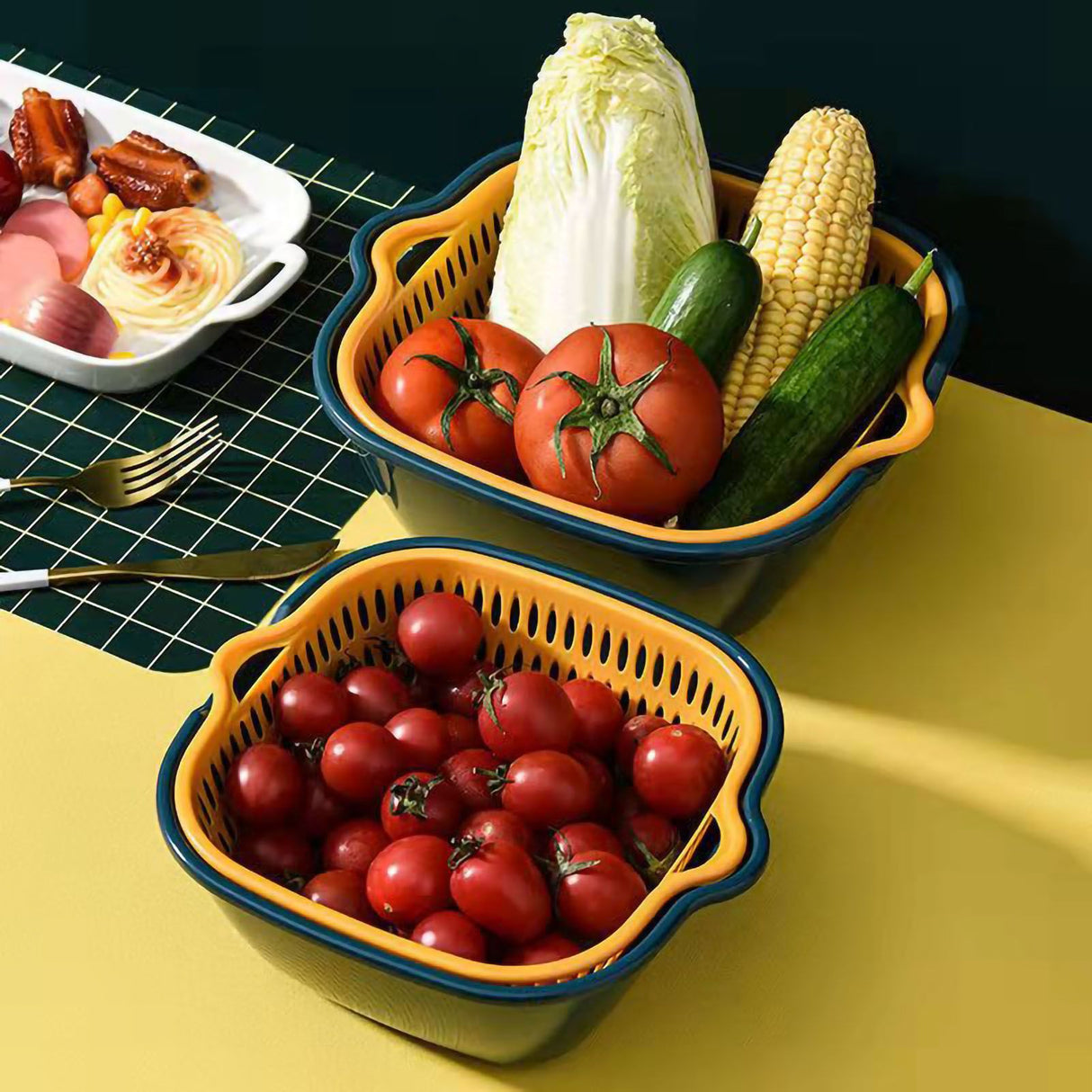 Drain Basket Double Layer Side Handle PP Rapid Draining Thickened Washing Basket for Kitchen Yellow and Blue