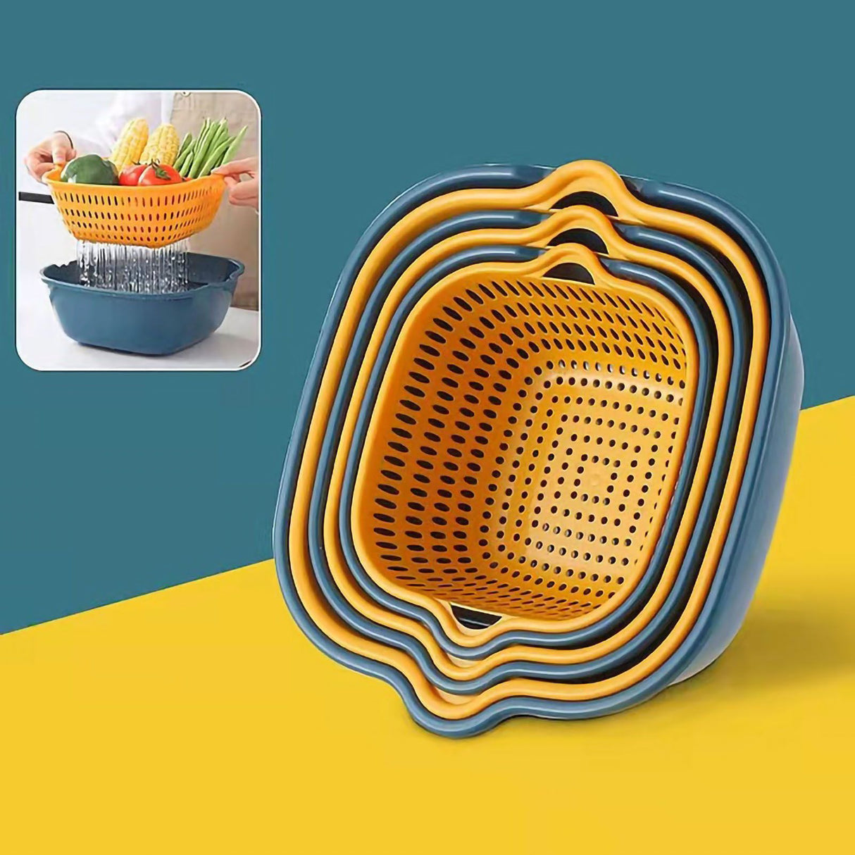 Drain Basket Double Layer Side Handle PP Rapid Draining Thickened Washing Basket for Kitchen Yellow and Blue