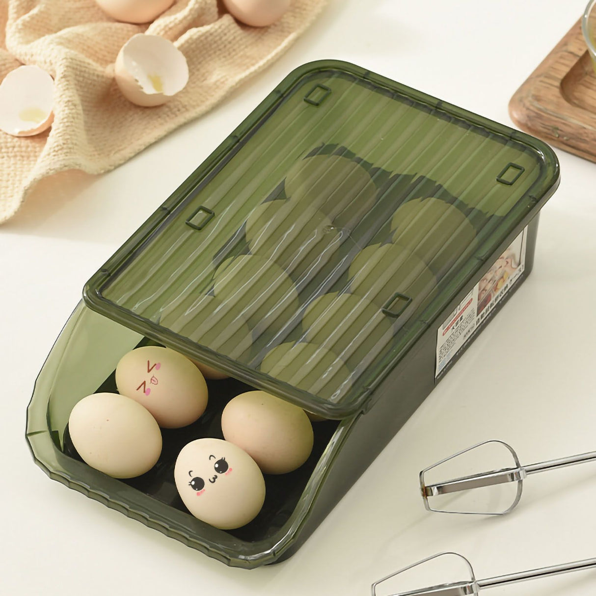 Egg Storage Box Plastic Automatic Rolling Transparent Thickened Grooved Egg Storage Container for Refrigerator Kitchen Green