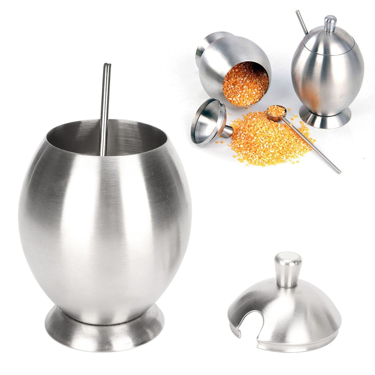 Egg Shaped Condiment Container Stainless Steel with Spoon Oval Condiment Jar For Spice Sugar Kitchen Resturant