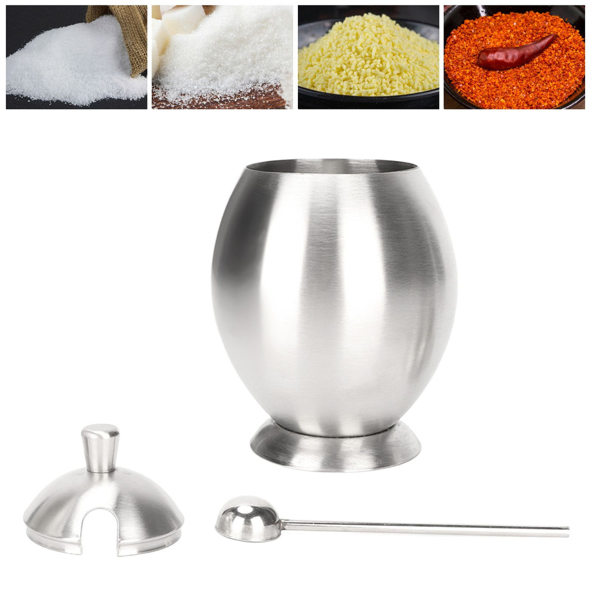 Egg Shaped Condiment Container Stainless Steel with Spoon Oval Condiment Jar For Spice Sugar Kitchen Resturant
