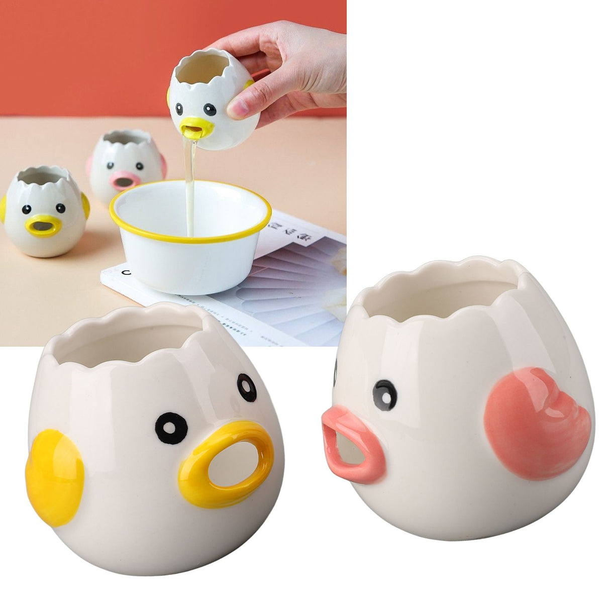 2pcs Egg Separator Ceramic Chicken Shaped Egg Yolk White Filter Kitchen Cooking Accessories Pink and Yellow