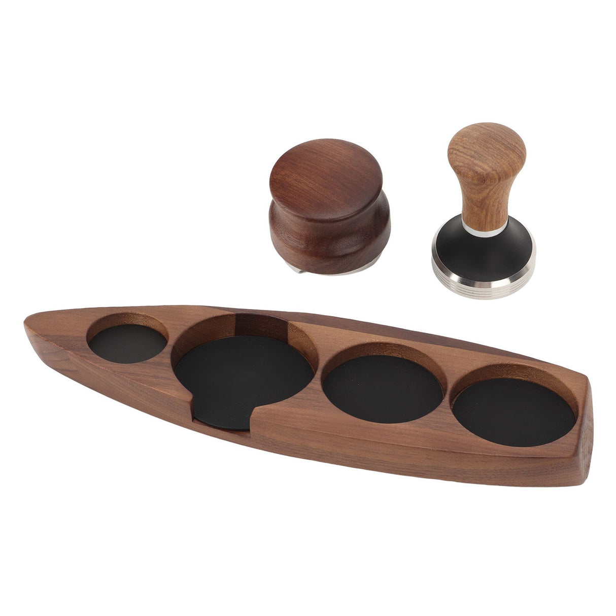 3pcs Coffee Tamper Holder Walnut Wood Rubber Stainless Steel Boat Shaped Distributor Rack Coffee Accessories For 51/53mm Base 51mm Tamper 51mm Distributor