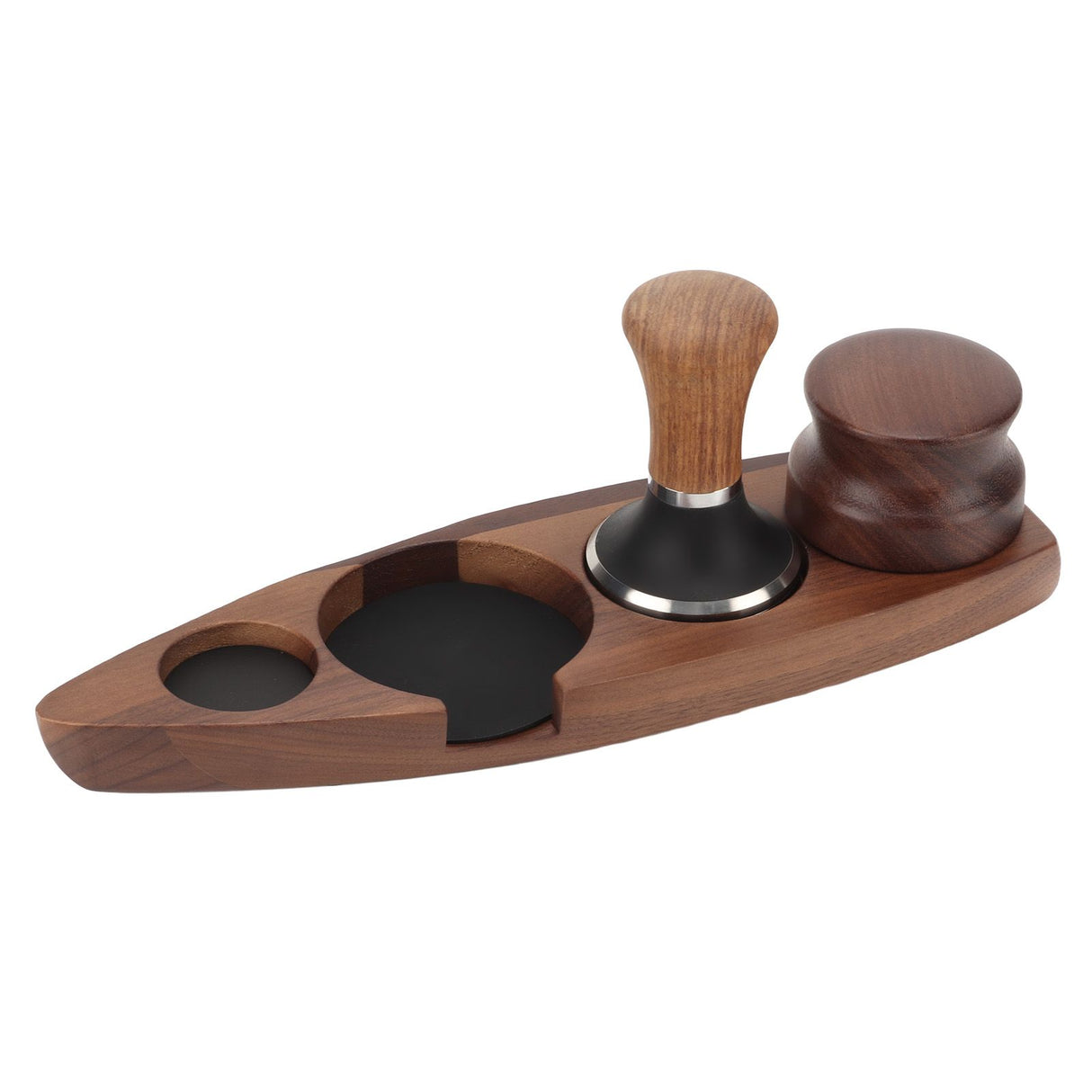 3pcs Coffee Tamper Holder Walnut Wood Rubber Stainless Steel Boat Shaped Distributor Rack Coffee Accessories For 51/53mm Base 53mm Tamper 53mm Distributor