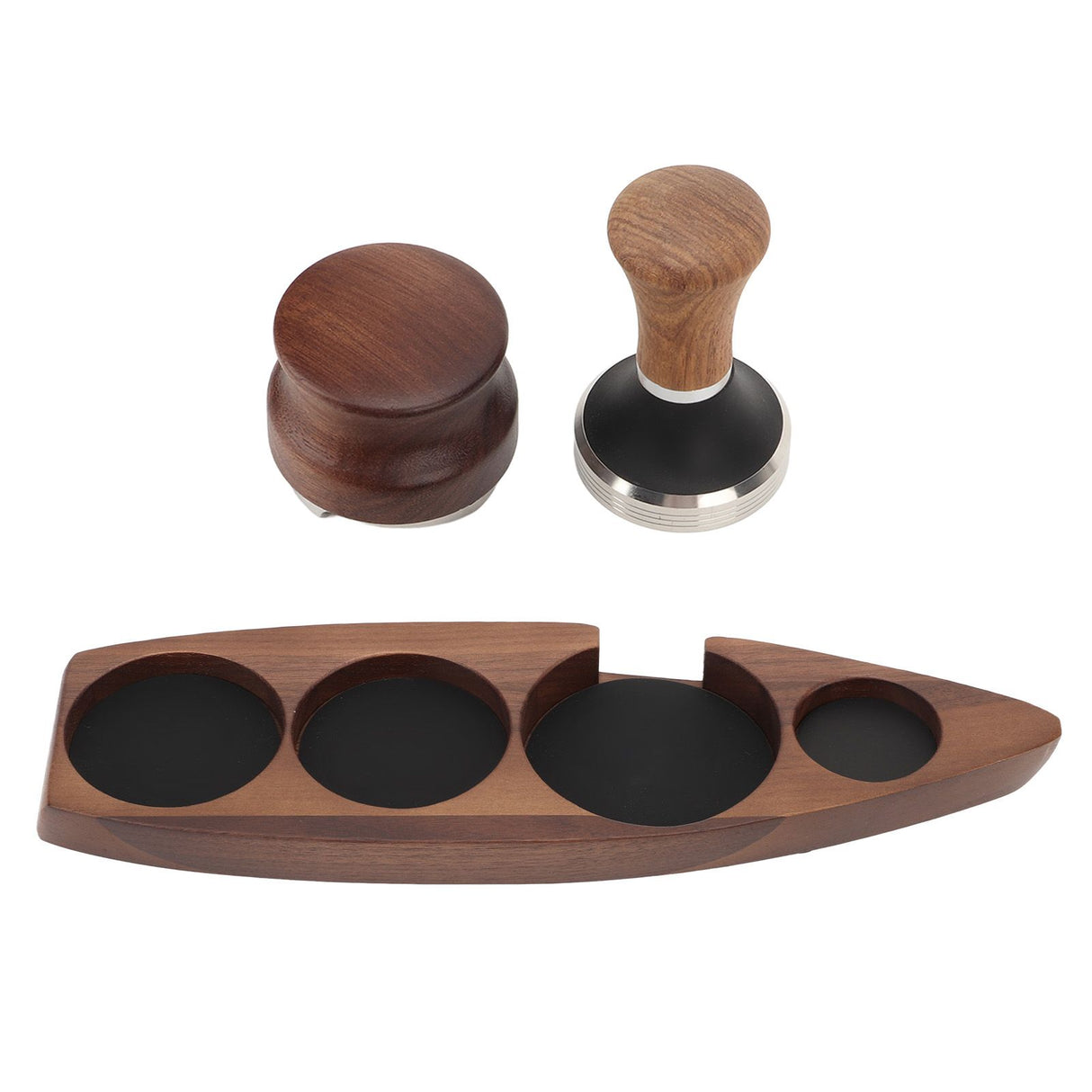 3pcs Coffee Tamper Holder Walnut Wood Rubber Stainless Steel Boat Shaped Distributor Rack Coffee Accessories For 51/53mm Base 53mm Tamper 53mm Distributor